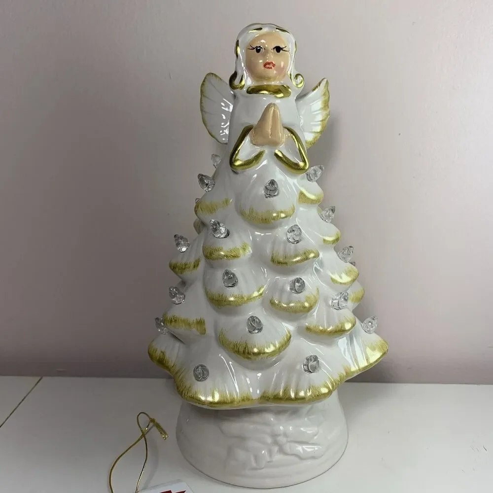 Mr. Christmas Ceramic Angel Tree Tabletop Decor W/Timer White/Gold 8.5” Holiday